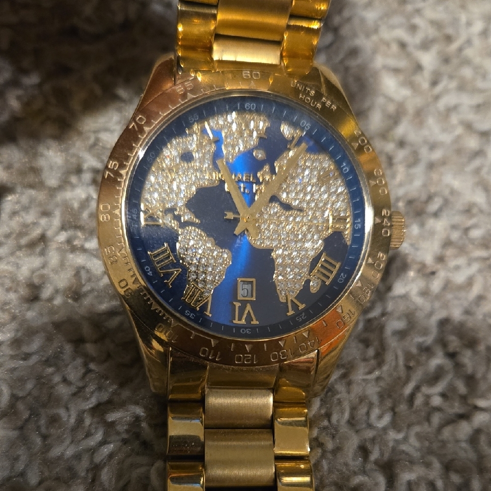 Michael Kors Gold and Blue Map Dial Watch With Box